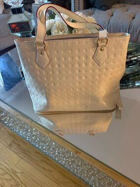 Arcadia Cream Embossed Tote with Red-Trim Handles